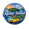 Mercer Island Taxi logo featuring a taxi, island landscape, and mountain with a modern circular design.