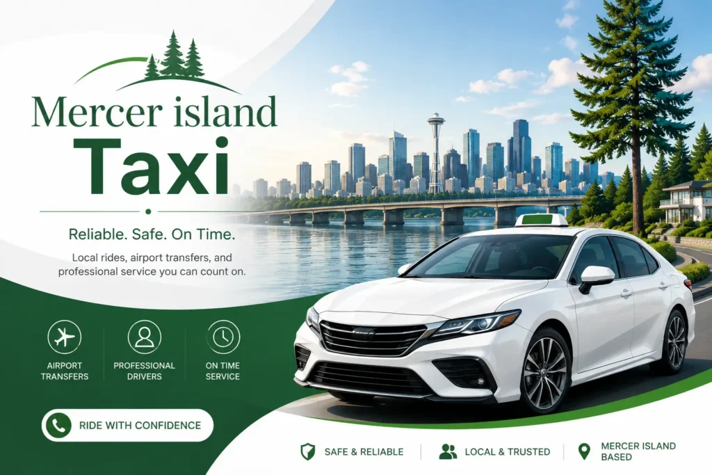 Mercer Island Taxi homepage hero featuring a white taxi with the Seattle skyline and Mercer Island waterfront in a modern green and white design.